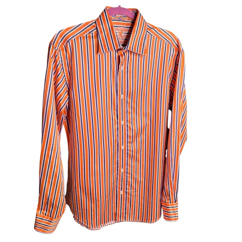 Bugatchi Orange Purple Striped Long Sleeve Button-Up Dress Shirt Sz M Modern Fit - Picture 8 of 15